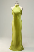 Load image into Gallery viewer, Halter Open Back Lemon Green Long Bridesmaid Dress