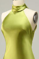 Load image into Gallery viewer, Halter Open Back Lemon Green Long Bridesmaid Dress