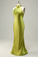 Load image into Gallery viewer, Halter Open Back Lemon Green Long Bridesmaid Dress