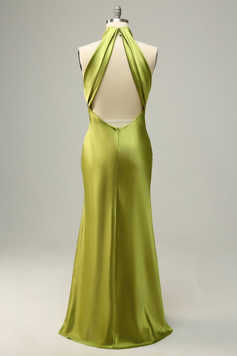Load image into Gallery viewer, Halter Open Back Lemon Green Long Bridesmaid Dress