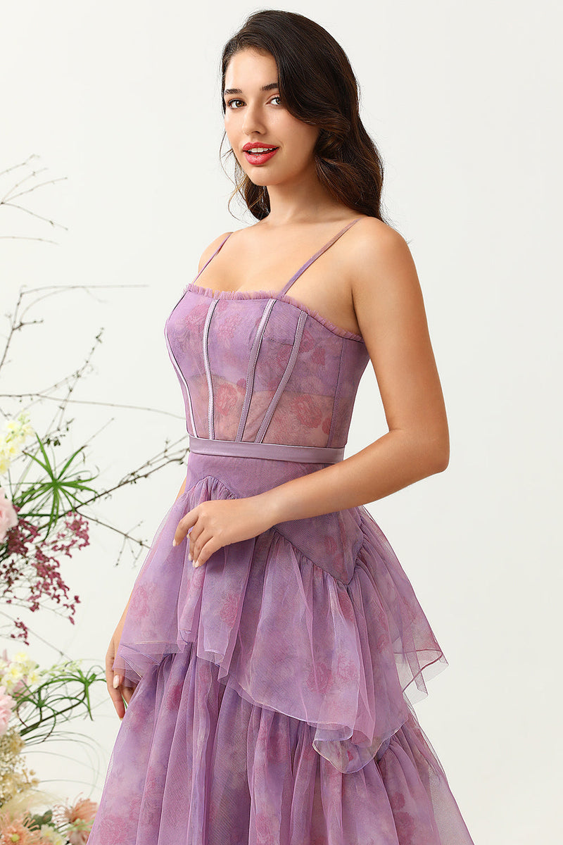 Load image into Gallery viewer, Purple Tulle Spaghetti Straps Corset Bridesmaid Dress