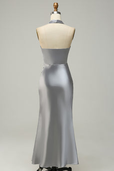 Halter Mermaid Silver Long Prom Dress