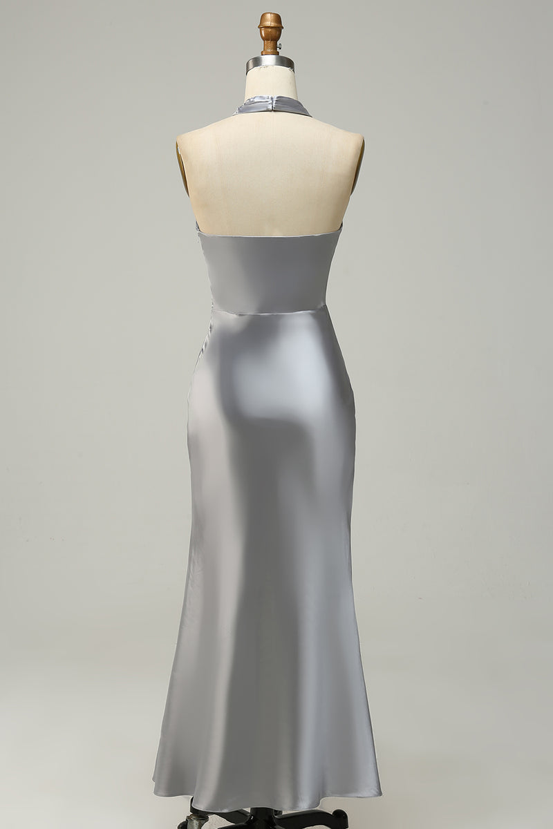 Load image into Gallery viewer, Halter Mermaid Silver Long Prom Dress