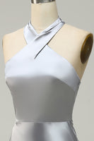Load image into Gallery viewer, Halter Mermaid Silver Long Prom Dress