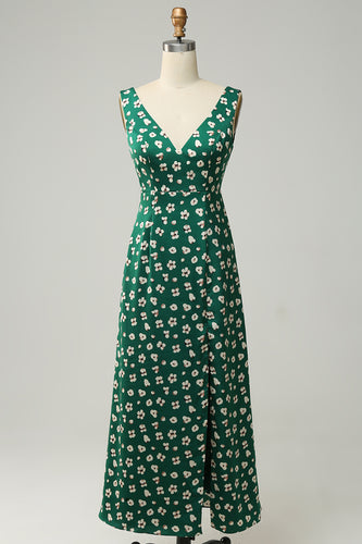 V-Neck Flower Printed Green Prom Dress with Slit