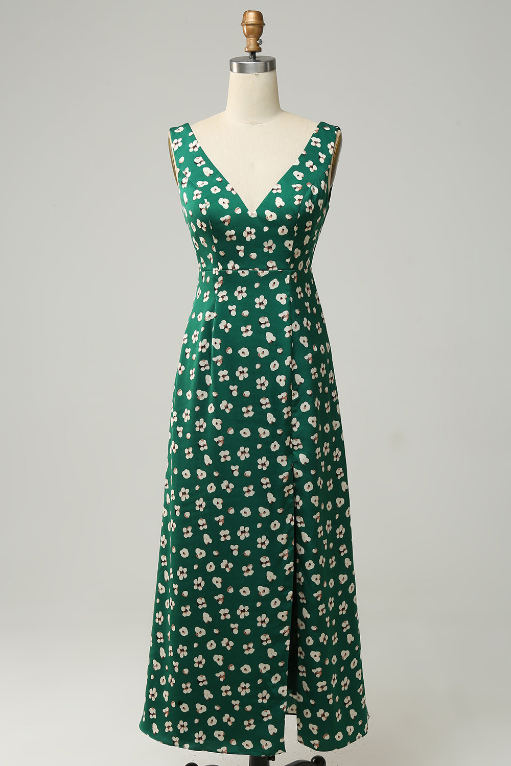 V-Neck Flower Printed Green Prom Dress with Slit