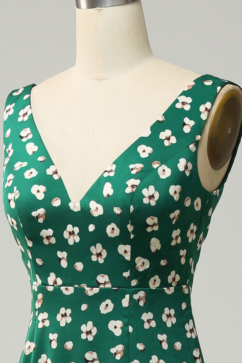 Load image into Gallery viewer, V-Neck Flower Printed Green Prom Dress with Slit
