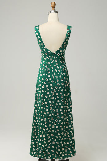 V-Neck Flower Printed Green Prom Dress with Slit