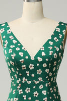 Load image into Gallery viewer, V-Neck Flower Printed Green Prom Dress with Slit