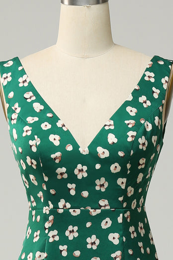 V-Neck Flower Printed Green Prom Dress with Slit