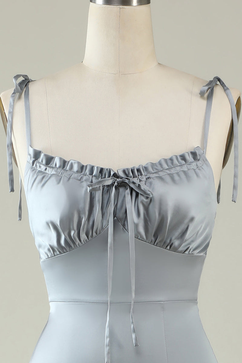 Load image into Gallery viewer, Spaghetti Straps Satin Grey Bridesmaid Dress with Slit