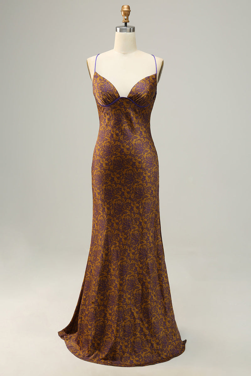 Load image into Gallery viewer, Flower Printed Brown Long Bridesmaid Dress