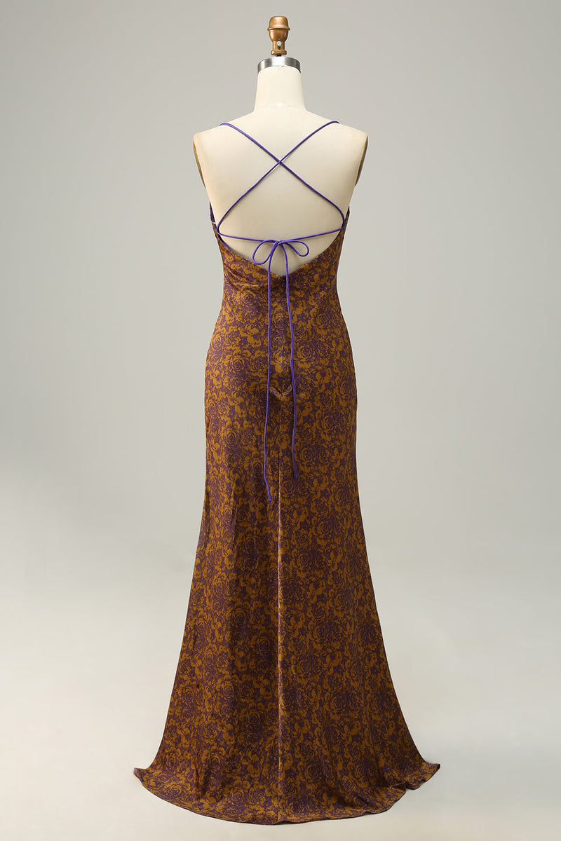 Load image into Gallery viewer, Flower Printed Brown Long Bridesmaid Dress