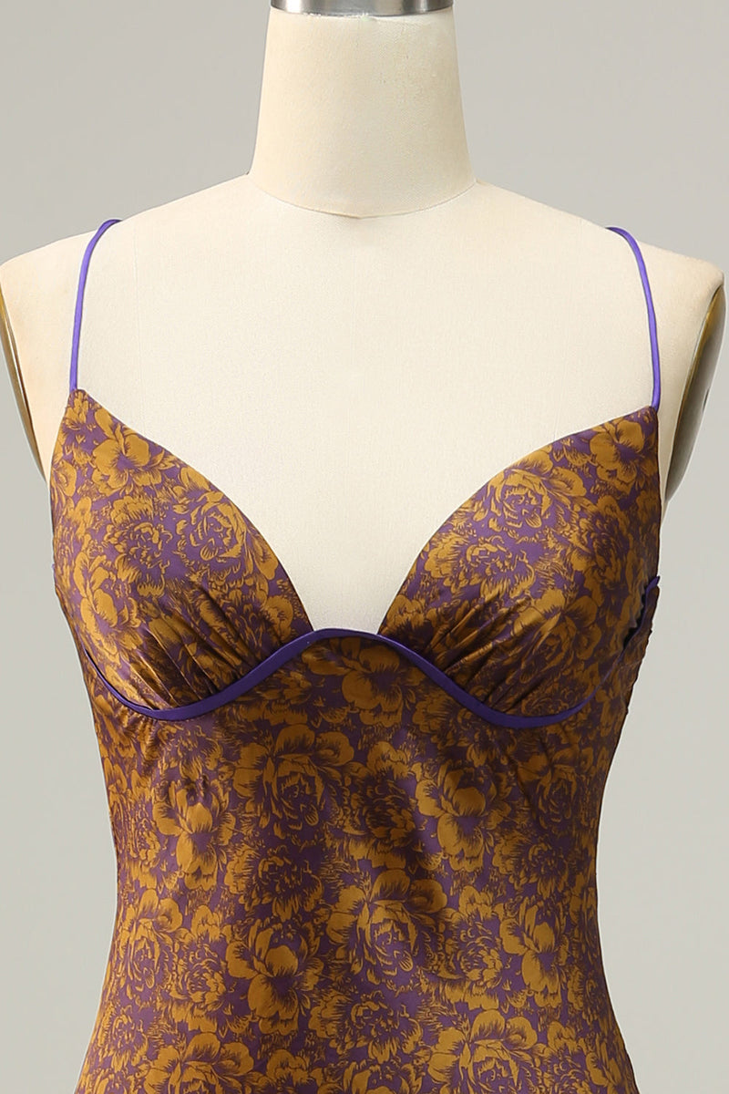 Load image into Gallery viewer, Flower Printed Brown Long Bridesmaid Dress