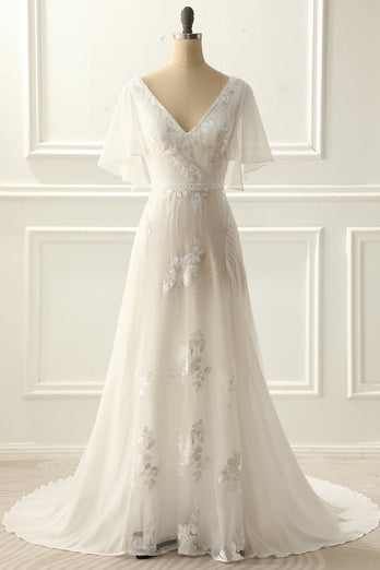 Women Ivory Boho Wedding Dress Chiffon A Line V Neck Lace Formal Dress