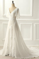 Load image into Gallery viewer, Ivory V Neck A Line Long Wedding Dress With Appliques