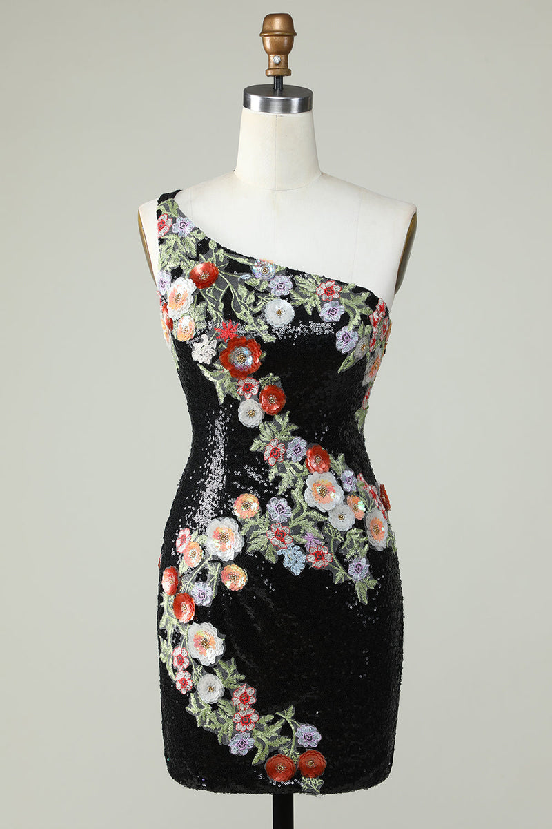 Load image into Gallery viewer, One Shoulder Black Sequin Beading Short Prom Dress