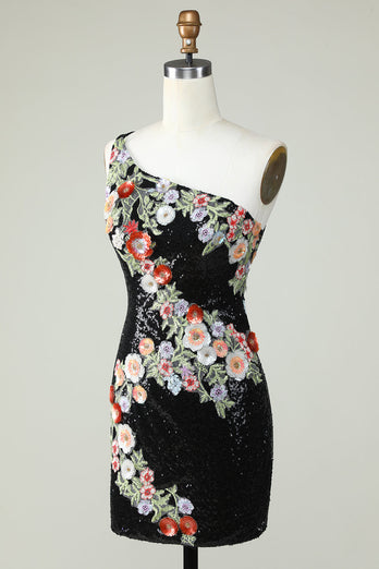 One Shoulder Black Sequin Beading Short Prom Dress