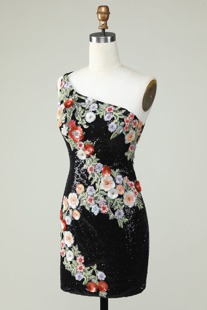 Load image into Gallery viewer, One Shoulder Black Sequin Beading Short Prom Dress