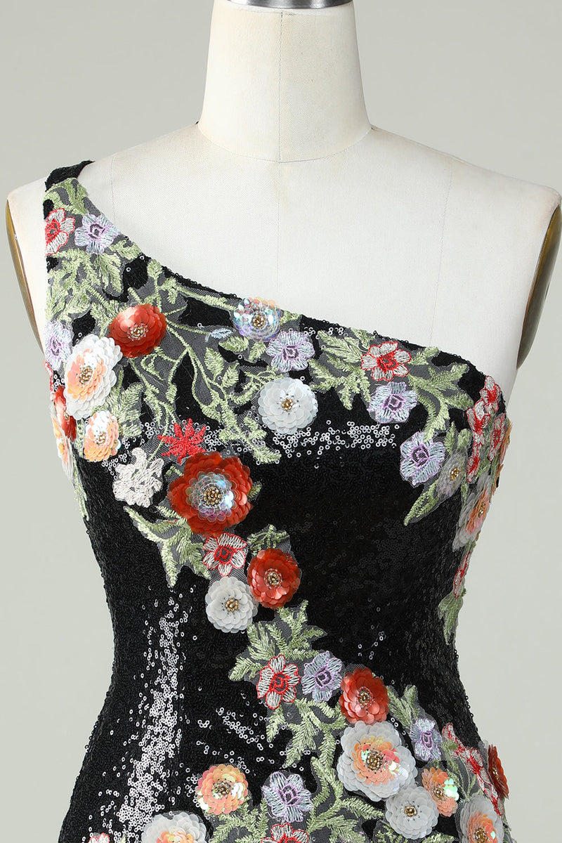Load image into Gallery viewer, One Shoulder Black Sequin Beading Short Prom Dress
