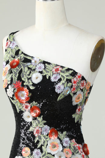 One Shoulder Black Sequin Beading Short Prom Dress