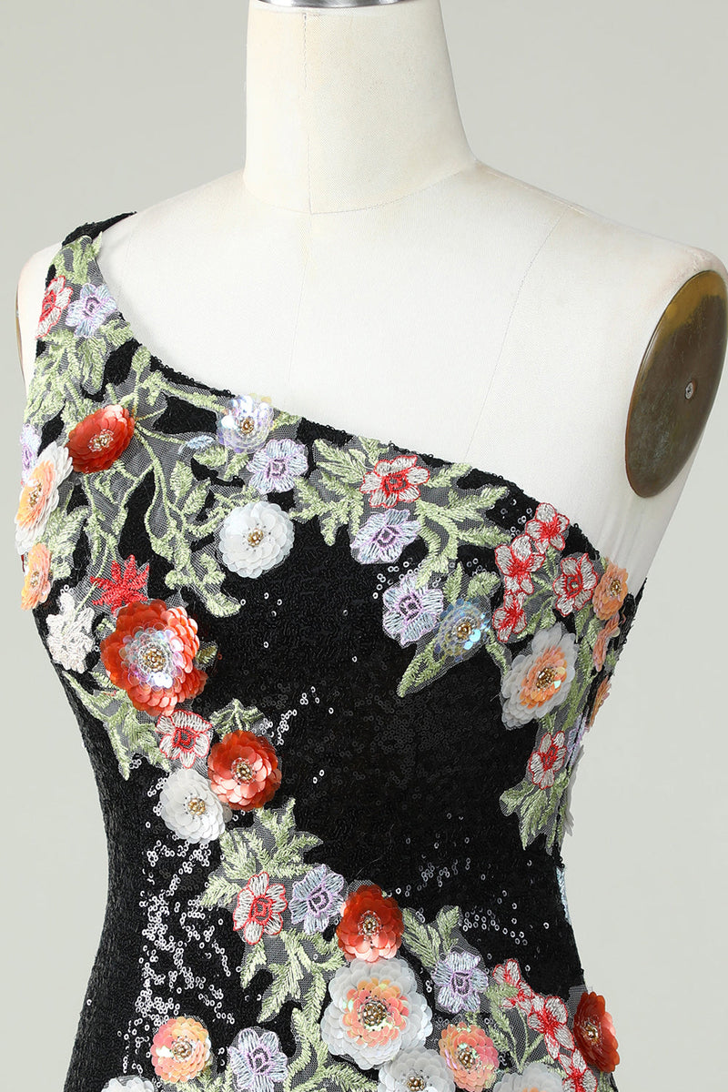 Load image into Gallery viewer, One Shoulder Black Sequin Beading Short Prom Dress