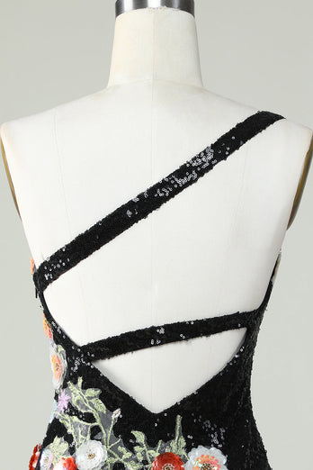 One Shoulder Black Sequin Beading Short Prom Dress