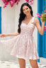 Load image into Gallery viewer, Unique A Line Spaghetti Straps Grey Pink Printed Short Prom Dress