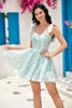Load image into Gallery viewer, Unique A Line Spaghetti Straps Grey Pink Printed Short Prom Dress