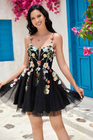 Load image into Gallery viewer, Stylish A Line Spaghetti Straps Black Short Prom Dress with Appliques