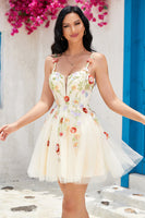 Load image into Gallery viewer, Stylish A Line Spaghetti Straps Champagne Short Prom Dress with Appliques