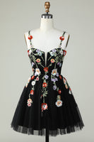 Load image into Gallery viewer, Spaghetti Straps Black A Line Sequin Flowers Short Prom Dress