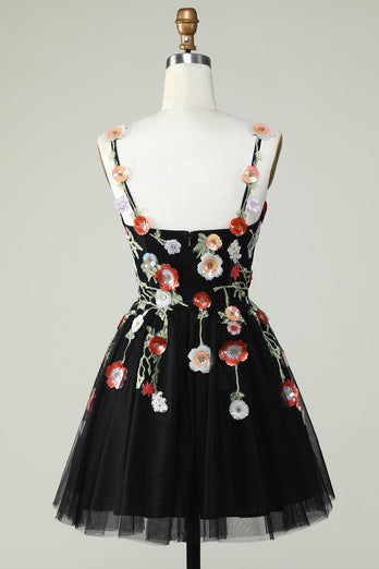 Spaghetti Straps Black A Line Sequin Flowers Short Prom Dress