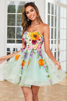 Load image into Gallery viewer, Champagne Strapless Short Prom Dress with 3D Flowers