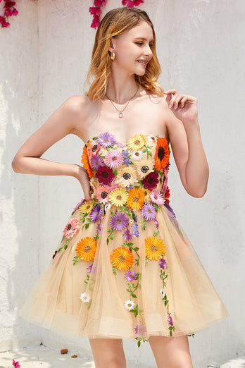 Champagne Strapless Short Prom Dress with 3D Flowers