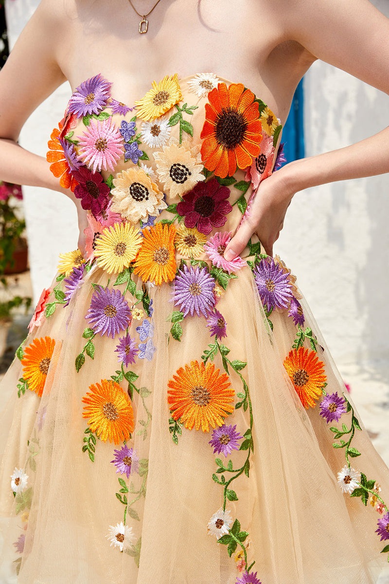 Load image into Gallery viewer, Champagne Strapless Short Prom Dress with 3D Flowers