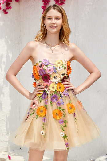 Champagne Strapless Short Prom Dress with 3D Flowers