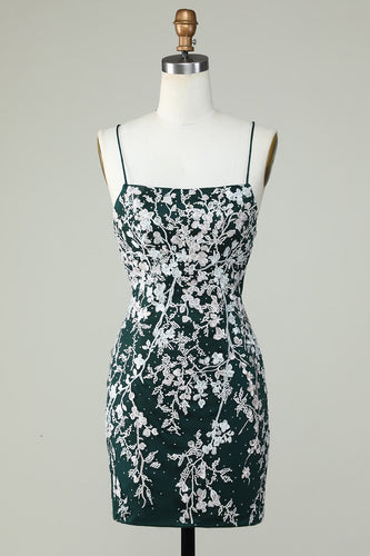 Dark Green Spaghetti Straps Bodycon Short Prom Dress With Appliques