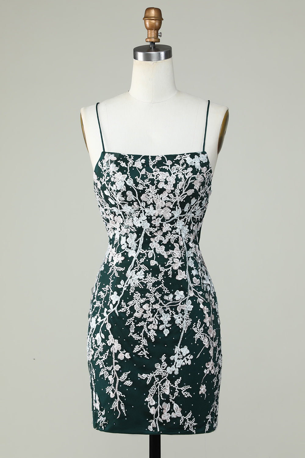 Dark Green Spaghetti Straps Bodycon Short Prom Dress With Appliques