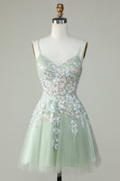 Load image into Gallery viewer, Dusty Sage Spaghetti Straps Short Prom Dress With Criss Cross Back
