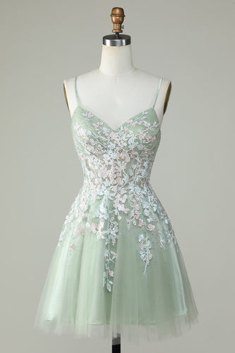 Dusty Sage Spaghetti Straps Short Prom Dress With Criss Cross Back