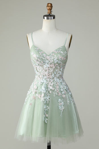 Dusty Sage Spaghetti Straps Short Prom Dress With Criss Cross Back