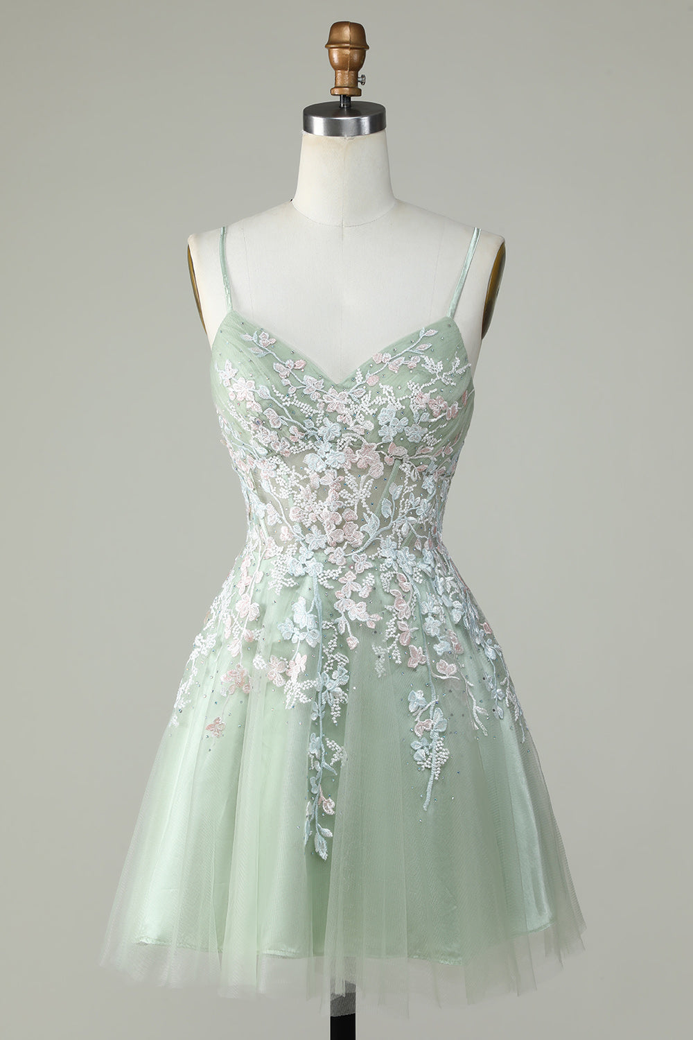 Dusty Sage Spaghetti Straps Short Prom Dress With Criss Cross Back
