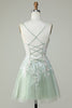 Load image into Gallery viewer, Dusty Sage Spaghetti Straps Short Prom Dress With Criss Cross Back