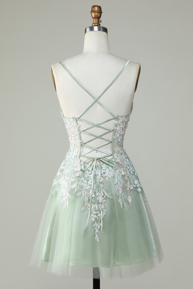 Load image into Gallery viewer, Dusty Sage Spaghetti Straps Short Prom Dress With Criss Cross Back