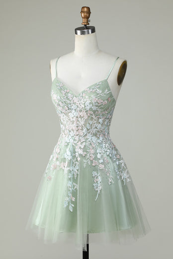 Dusty Sage Spaghetti Straps Short Prom Dress With Criss Cross Back