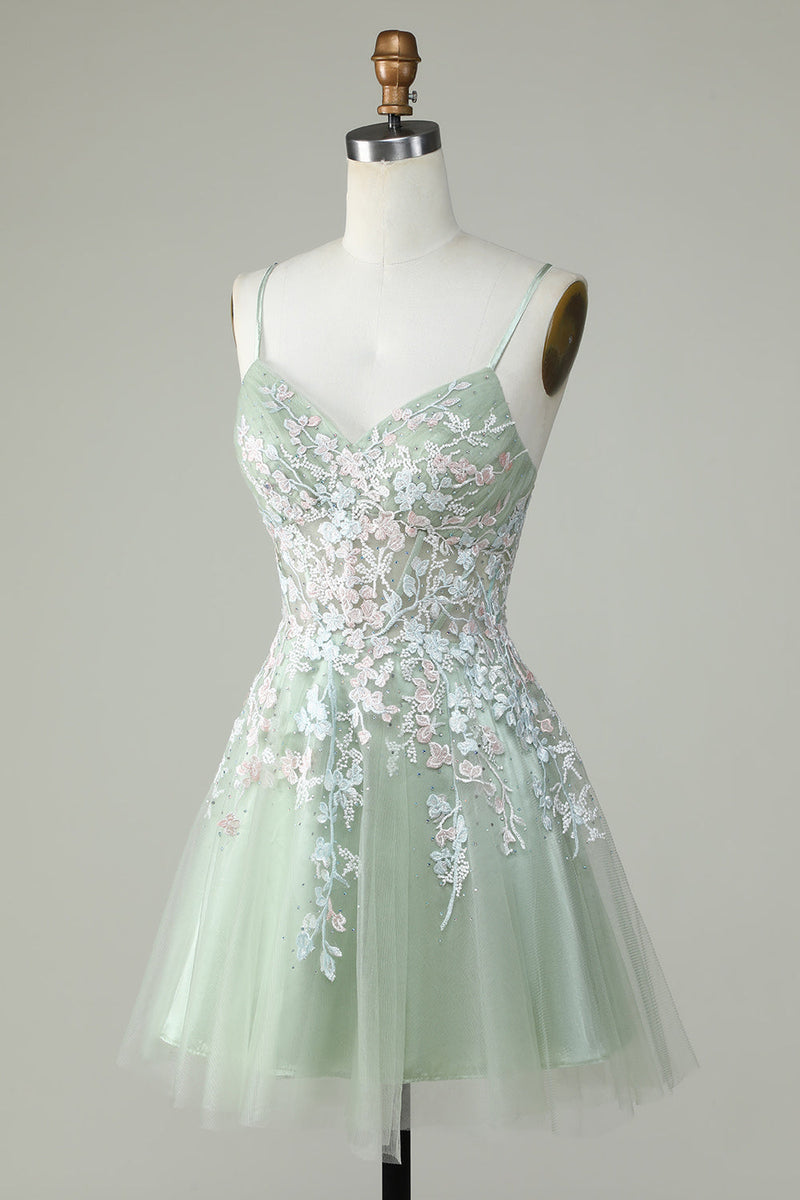 Load image into Gallery viewer, Dusty Sage Spaghetti Straps Short Prom Dress With Criss Cross Back