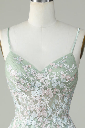 Dusty Sage Spaghetti Straps Short Prom Dress With Criss Cross Back