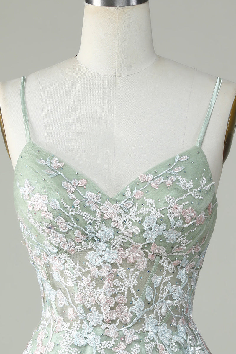 Load image into Gallery viewer, Dusty Sage Spaghetti Straps Short Prom Dress With Criss Cross Back