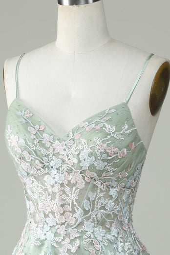 Dusty Sage Spaghetti Straps Short Prom Dress With Criss Cross Back